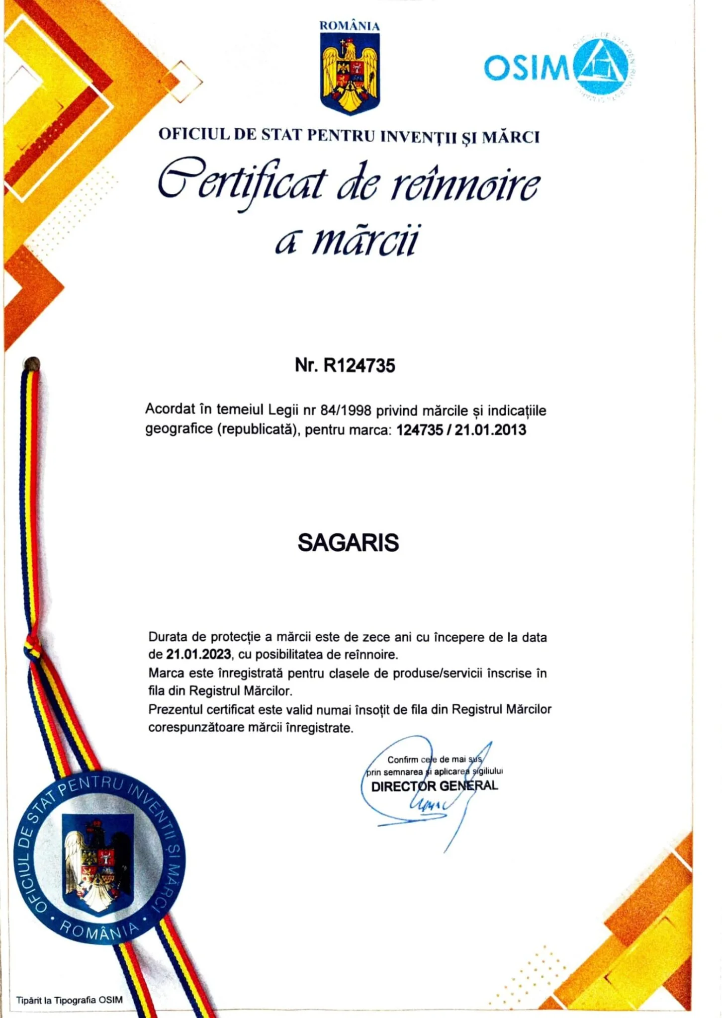 Certificat înregistrare marcă SAGARIS® la OSIM România 2023