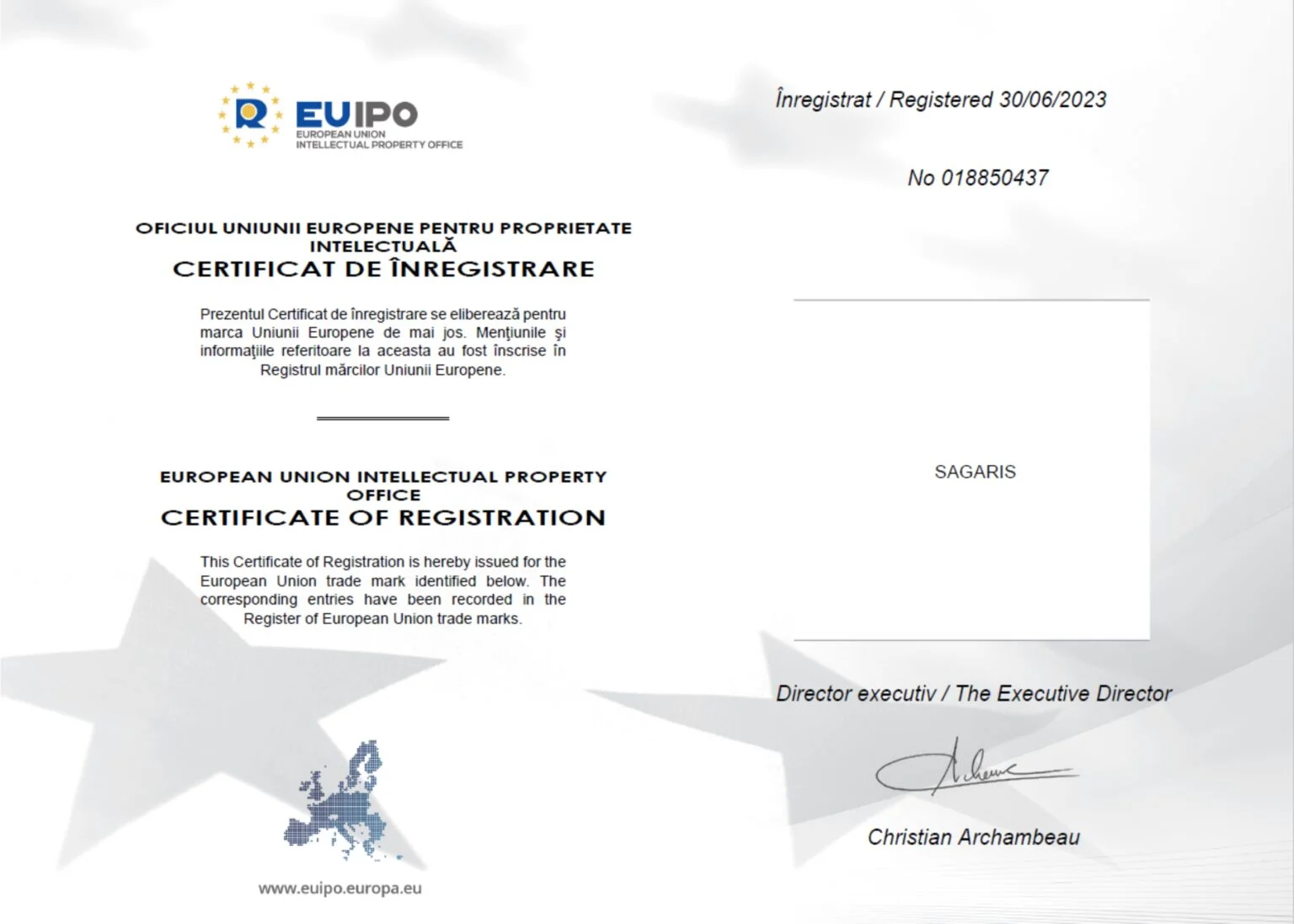 Certificat înregistrare marcă SAGARIS® la EUIPO Uniunea Europeană 2023