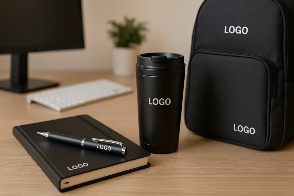 Set elegant de obiecte promoționale personalizate Sagaris: pix metalic gravat, notes premium, cană termică și rucsac business pe un birou modern.